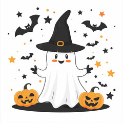 Adorable Halloween ghost character surrounded by  elements like bats, pumpkins, and stars, creating a fun and spooky vibe.	
