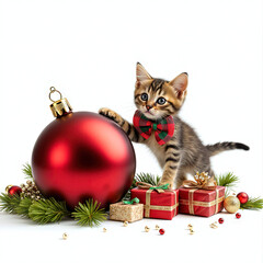 Christmas Kitten: Festive Kitten with Bow Tie and Ornaments - Generated by Generative AI