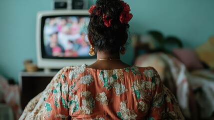 Obraz premium A woman with flowers in her hair is seen from the back watching television in a cozy room, wearing an intricately patterned floral dress.