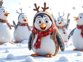 Christmas Penguin Fun: A charming 3D render of adorable penguins celebrating Christmas in a snowy landscape - Generated by Generative AI  