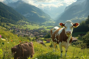 Picturesque alpine village with grazing cow in foreground