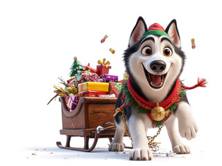 Dashing Through the Snow: A cheerful husky dog, wearing a festive red hat and scarf, pulls a sleigh overflowing with Christmas gifts - Generated by Generative AI