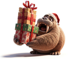 Joyful Walrus with Christmas Gifts: A cheerful walrus sporting a Santa hat beams with delight as he holds a stack of festive Christmas presents - Generated by Generative AI