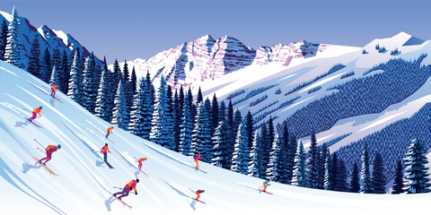 Winter landscape panorama with skiers on skiing slope, forest and mountains in the background. Handmade drawing vector illustration. Can be used as poster, banner etc.