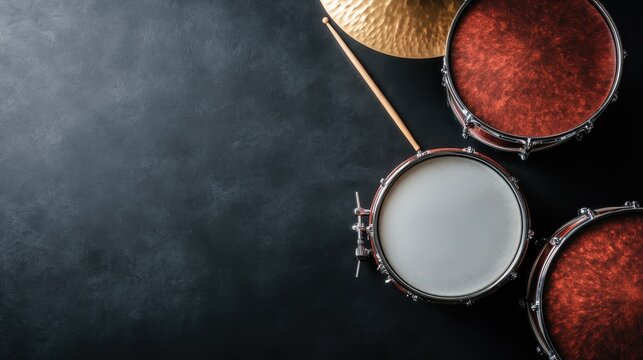 A top-down view of a drum set including cymbals, showcasing the rich textures and intricate details of the drum surfaces, placed against a dark studio background, highlighting performance art.
