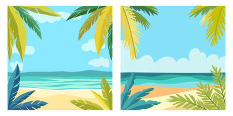 Tropical beach frame background with leaf plant. Summer landscape. Sandy beach under the bright sun.