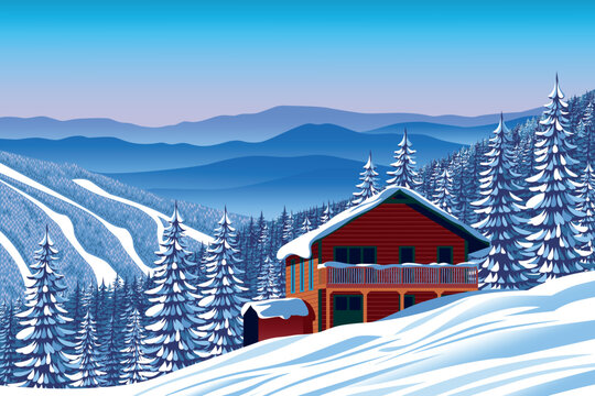 Alpine Skiing mountain resort with old traditional house in the first plan, winter forest and mountains in the background. Handmade drawing vector illustration. Can be used for brochures, books, etc.