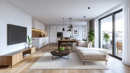 Fototapeta premium Modern Living Room with Open Kitchen and Balcony