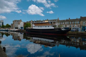 mirror, mirror reflection, architecture, boat, britain, british, building, city, cityscape, clouds, dock, edinburgh, europe, firth of forth, great britain, harbour, historic, landmark, landscape, leit