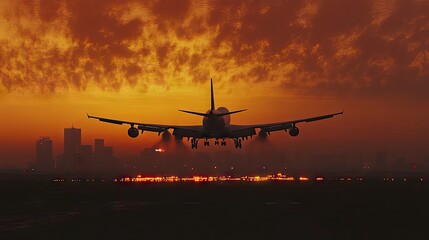 Fototapeta na wymiar A commercial jet taking off from the airport at dawn, framed against the backdrop of a stunning sunrise, with city lights still visible in the distance