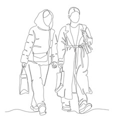 2 young women in warm clothing with shopping bags walking. Wear coat and jacket with hoood up. Continuous one line drawing. Vector in line art style.