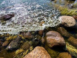 A dynamic shot of waves crashing against large smooth rocks and flowing through patches of green sea grass in shallow water. The sunlight reflects off the rippling surface, creating a shimmering