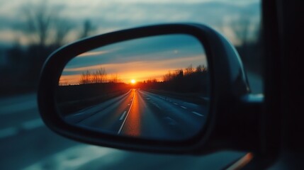 Fototapeta premium A sunset over a road is reflected in a car's side mirror.