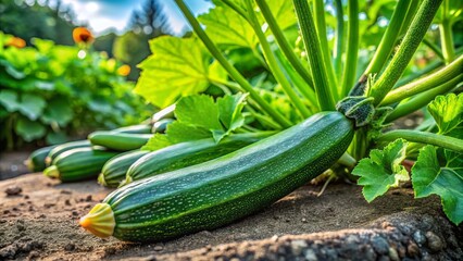 Vibrant home garden bed features a thriving zucchini plant, abundant with fresh fruits, highlighting the beauty of lush
