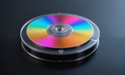 A rainbow-colored DVD sits on a black surface