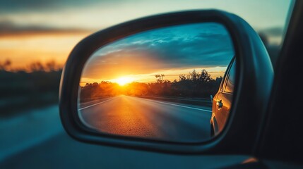 Fototapeta premium A sunset reflected in a car's rearview mirror.