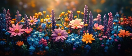 A field of flowers with a bee flying over them.