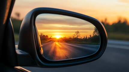 A sunset reflecting in a car's rearview mirror.