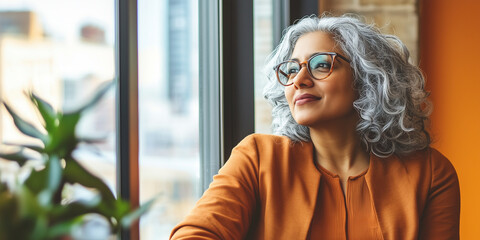 Indian successful businesswoman with gray hair. Inclusion and diversity at work. Image of inclusive lesbian entrepeneur business woman in the office looking out of  the window. Friendly LGBTIQA+