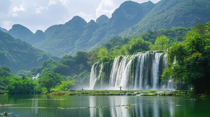 Fototapeta premium Beautiful Spring Green Natural Landscape with Waterfall: A Perfect Tourism Destination. Enjoy the Serenity and Beauty.