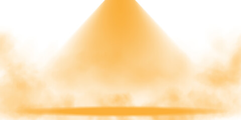 Stage with directional yellow light and light smoke on transparent background, neon light, empty stage and studio room with floating yellow smoke. For product demonstrations. PNG.