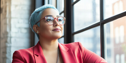 Indian successful businesswoman with light blue hair. Inclusion and diversity at work. Image of inclusive lesbian entrepeneur business woman in the office looking out of  the window. Friendly LGBTIQA+