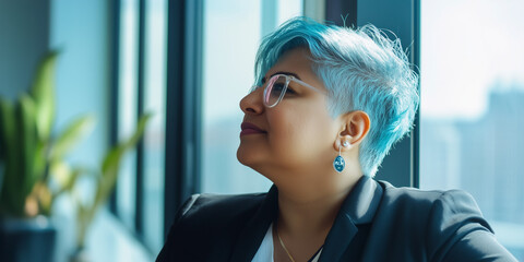 Indian successful businesswoman with light blue hair. Inclusion and diversity at work. Image of inclusive lesbian entrepeneur business woman in the office looking out of  the window. Friendly LGBTIQA+