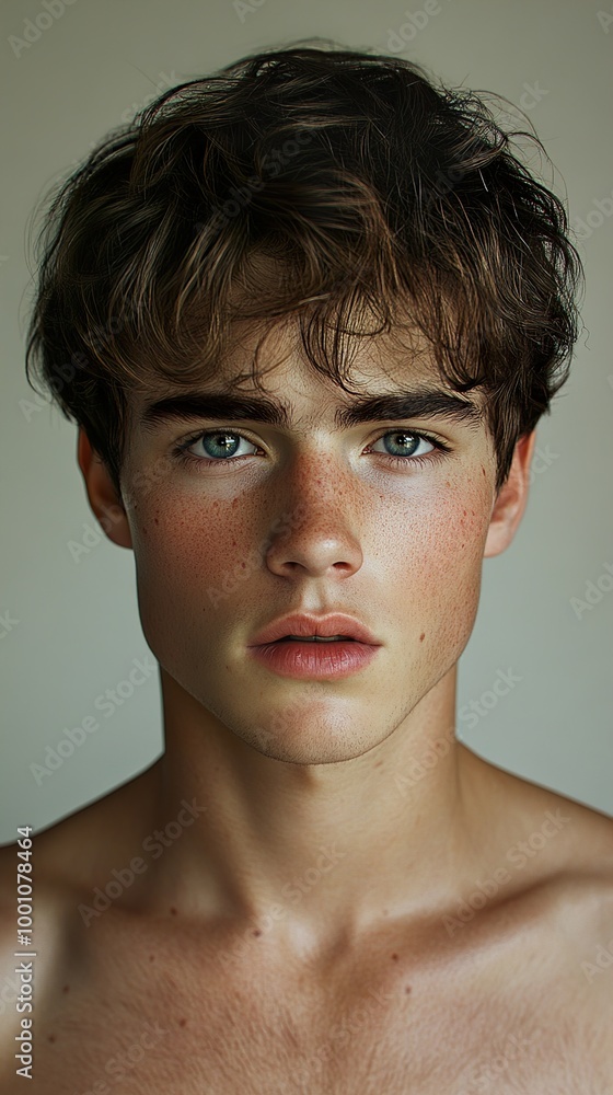 Wall mural Close-Up Portrait of a Young Man with Blue Eyes and Freckles