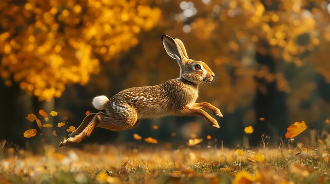 A wild hare sprinting across a meadow with a backdrop of trees in full autumn bloom.