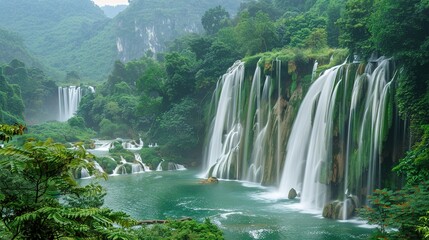 Naklejka premium Beautiful Spring Green Natural Landscape with Waterfall: A Perfect Tourism Destination. Enjoy the Serenity and Beauty.