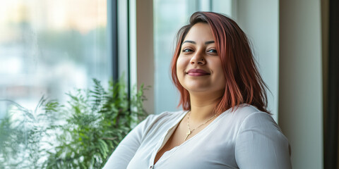 Indian successful businesswoman with brown hair. Inclusion and diversity at work. Image of inclusive lesbian entrepeneur business woman in the office looking out of  the window. Friendly LGBTIQA+