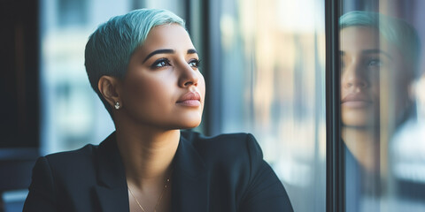 Indian successful businesswoman with light blue hair. Inclusion and diversity at work. Image of inclusive lesbian entrepeneur business woman in the office looking out of  the window. Friendly LGBTIQA+