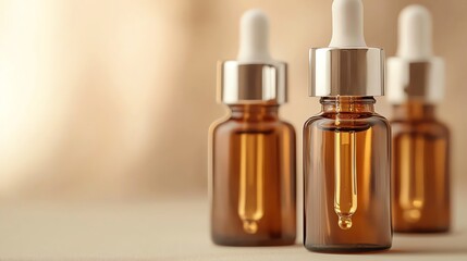 Elegant amber dropper bottles showcase essential oil for wellness and beauty in a soft, soothing light.