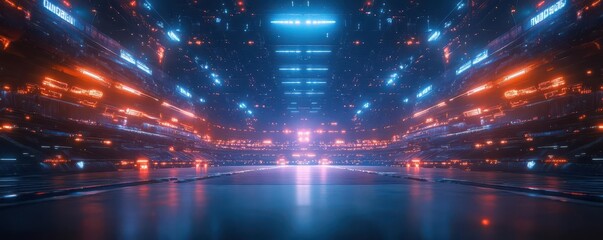 Futuristic sports arena with robotic athletes, scifi, bright lights, digital painting