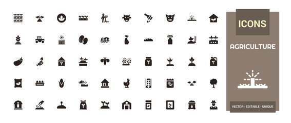 Set of agriculture icons collection. Filled icon pack, glyph for web and ui. Solid icons set. Editable filled symbol. Vector illustration.