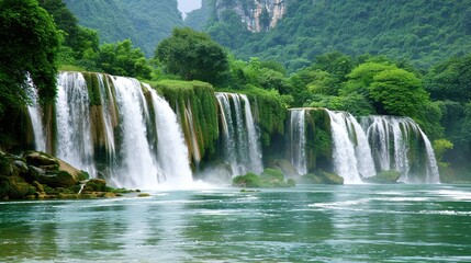 Obraz premium Beautiful Spring Green Natural Landscape with Waterfall: A Perfect Tourism Destination. Enjoy the Serenity and Beauty.