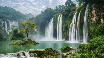 Naklejka premium Beautiful Spring Green Natural Landscape with Waterfall: A Perfect Tourism Destination. Enjoy the Serenity and Beauty.