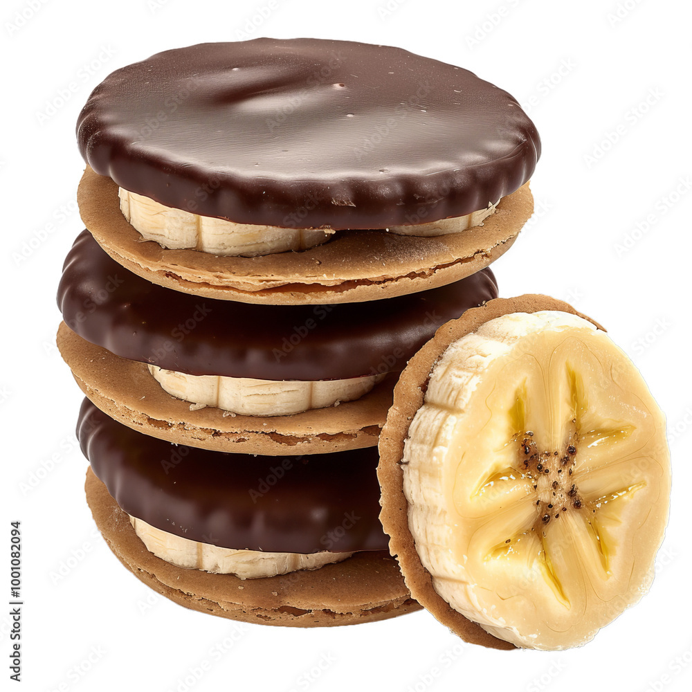 Poster stack of round chocolate covered cookies with banana filling showing is laying on its side with one 