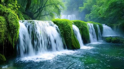 Fototapeta premium Beautiful Spring Green Natural Landscape with Waterfall: A Perfect Tourism Destination. Enjoy the Serenity and Beauty.