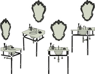 Vector sketch illustration of ethnic vintage classic hand washing sink cupboard furniture design with decorative mirror