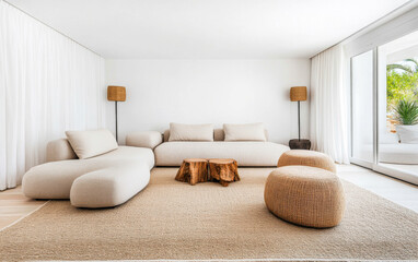 Modern minimalist living room featuring a light color palette and cozy seating arrangements with natural wood accents in a tranquil setting