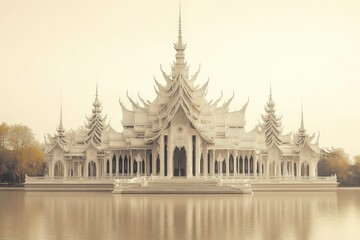 Fototapeta premium Ornate buddhist temple reflected in serene lake