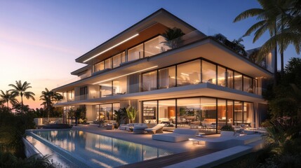 Fototapeta premium A modern luxury villa at sunset with a pool and tropical landscaping.