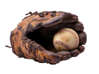 A vintage baseball glove cradling an old baseball, isolated on a white background.