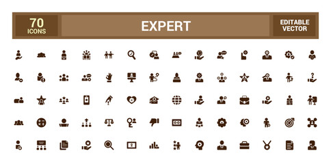 Expert icon collection. Competence, expertise, knowledge, skill, glyph set for web and ui. Filled icon pack, Solid icons set. Vector illustration.