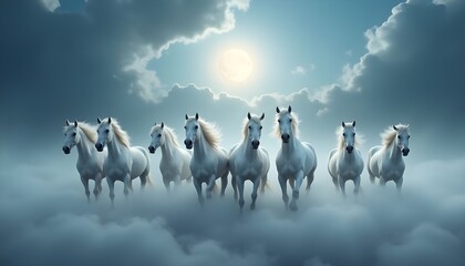 A group of majestic white horses gallop through a moonlit sky, their gleaming coats illuminated by the soft glow of the full moon.