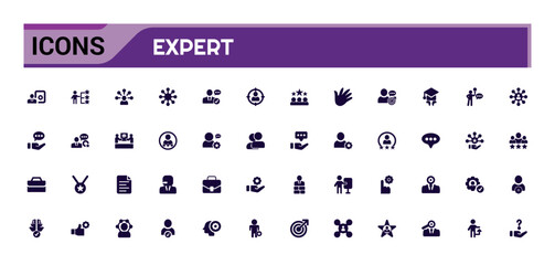 Expert icon collection. Competence, expertise, knowledge, skill, glyph set for web and ui. Filled icon pack, Solid icons set. Vector illustration.