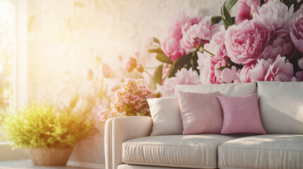 Floral wallpaper featuring modern flowers, with sofa in living room interior, cushion art and bloom peonies pink decor, in luxury cozy feminine home design