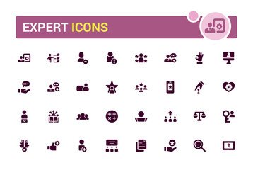 Expert icon collection. Competence, expertise, knowledge, skill, glyph set for web and ui. Filled icon pack, Solid icons set. Vector illustration.