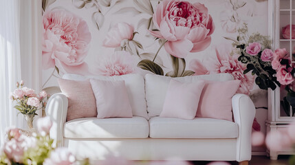 Floral wallpaper featuring modern flowers, with sofa in living room interior, cushion art and bloom peonies pink decor, in luxury cozy feminine home design